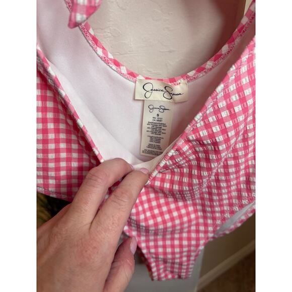 Jessica Simpson Women's Bow Cap Sleeve One-Piece Swimsuit, Pink, S - Picture 3 of 5